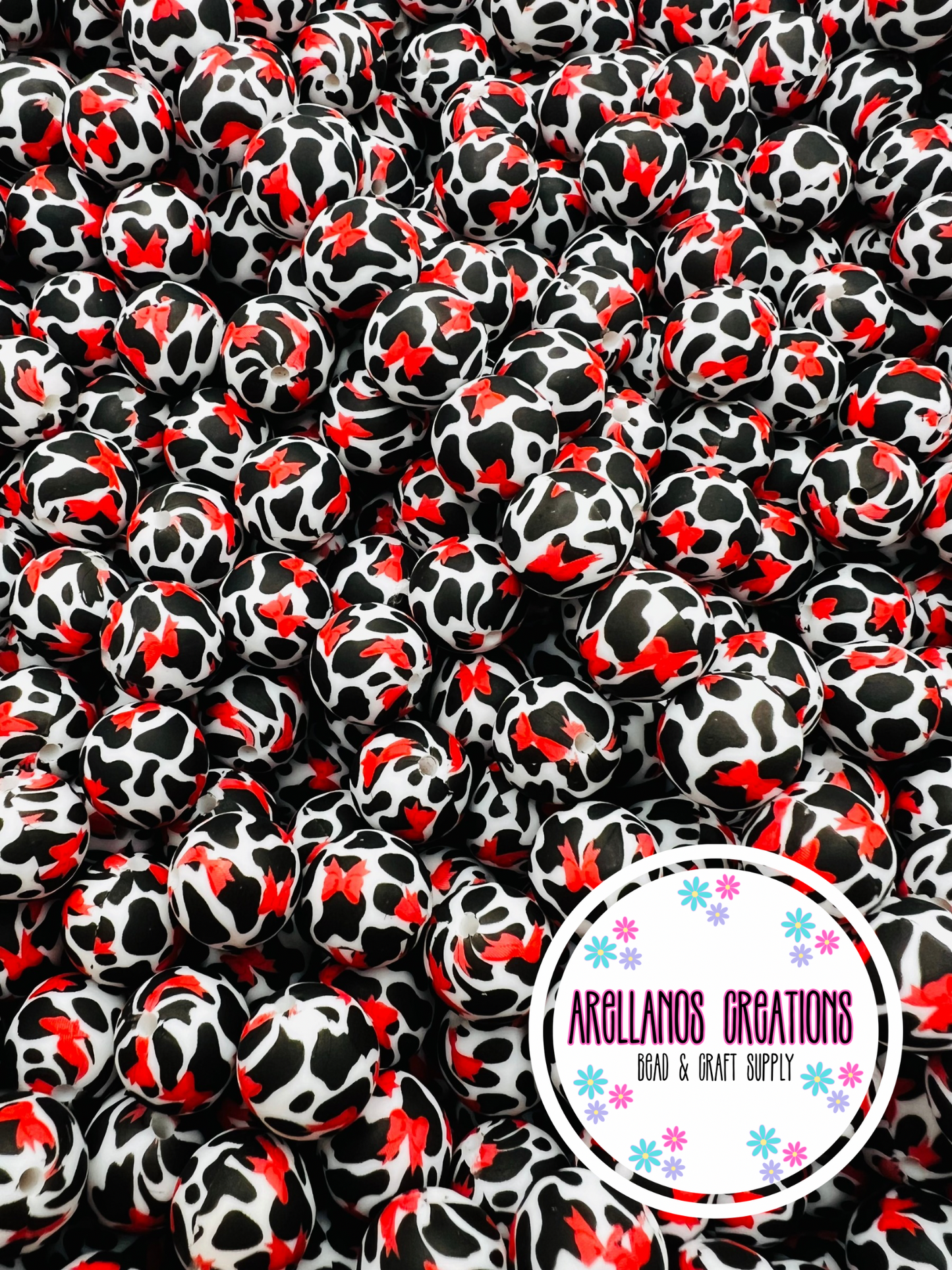 15mm red bow cow print silicone beads EXCLUSIVE