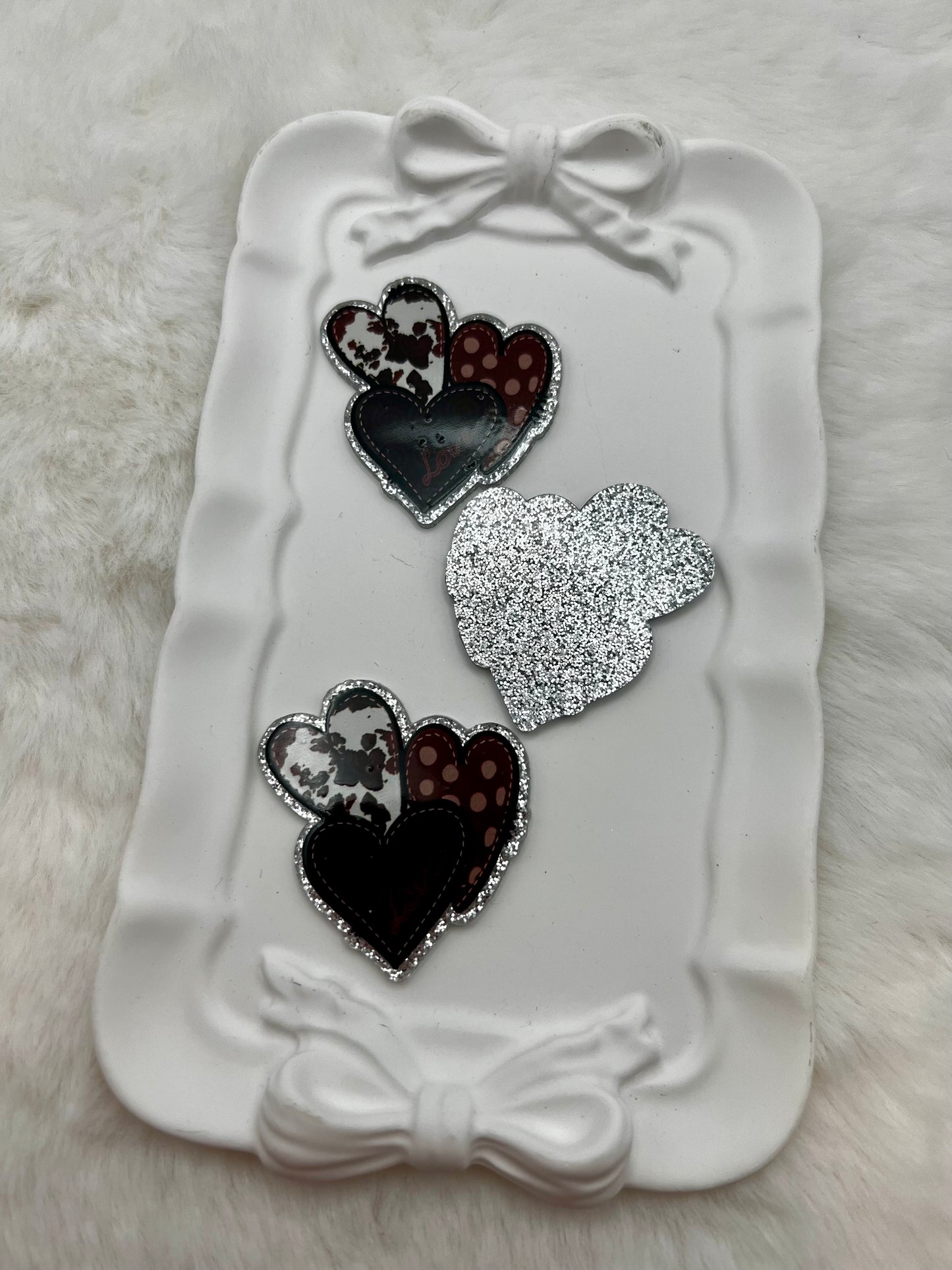 Brown cowhide hearts glitter flatback acrylic