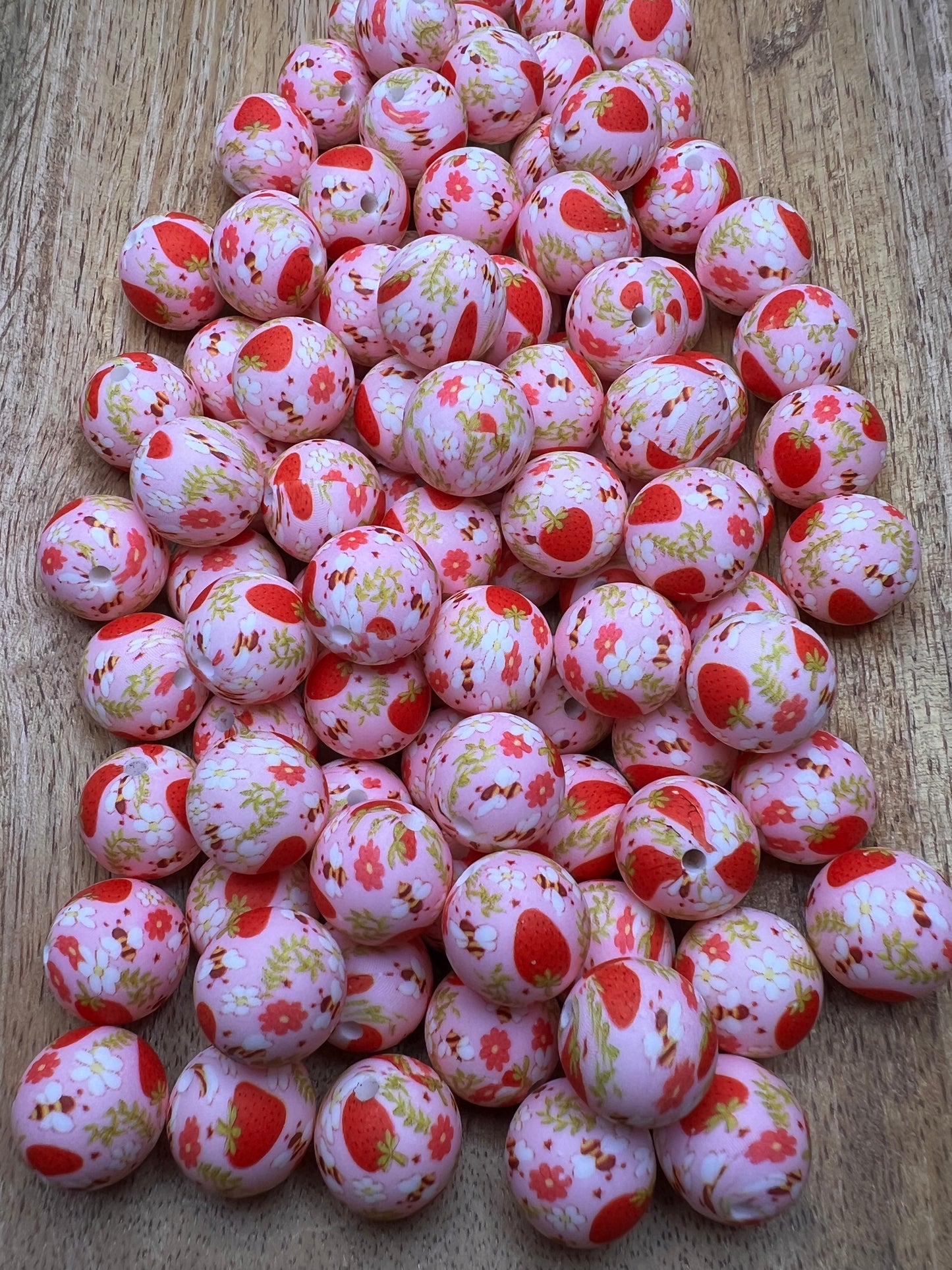 15mm Floral strawberry printed silicone beads