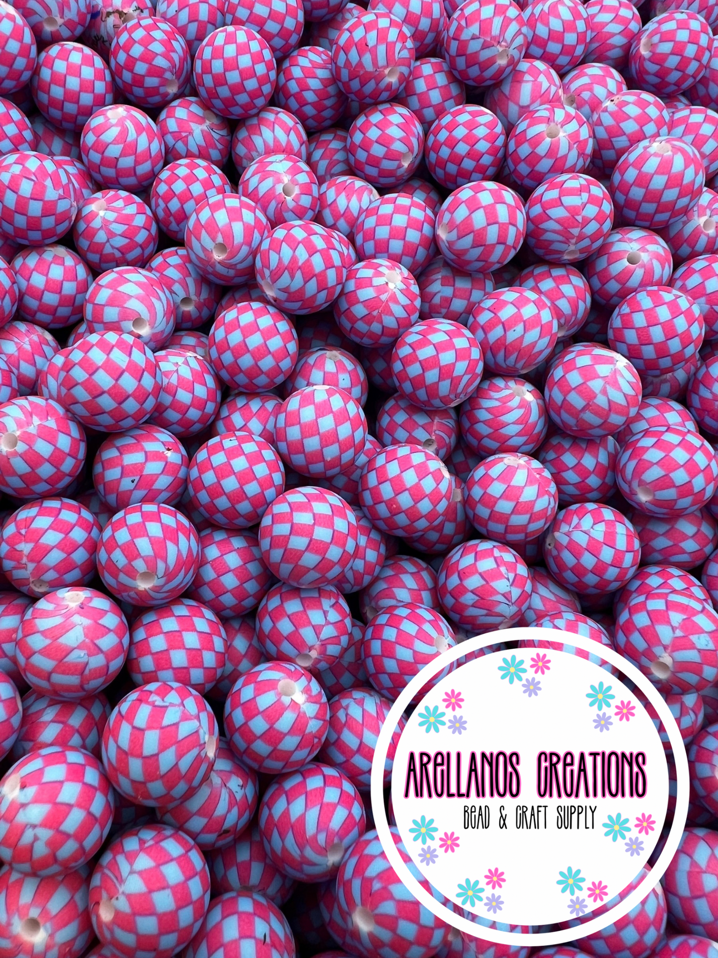 15mm hot pink & blue checkered silicone beads EXCLUSIVE