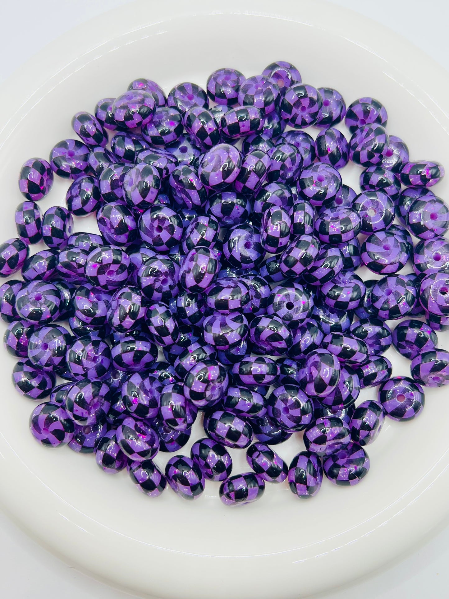 Purple glitter liquid checkered silicone beads