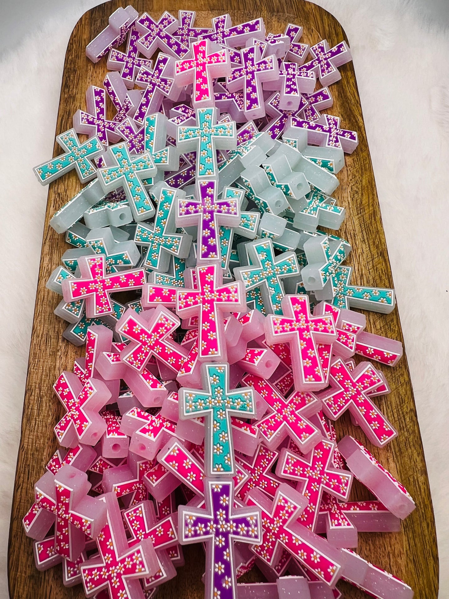 3D Clear glitter floral cross focal
