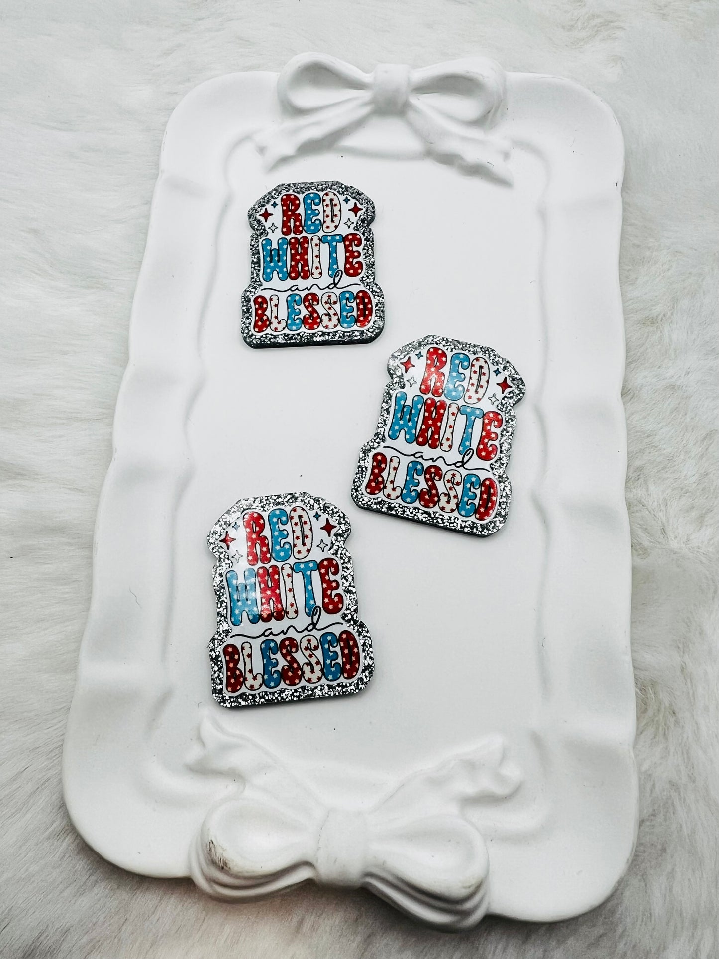 Red white & blessed glitter flatback acrylic