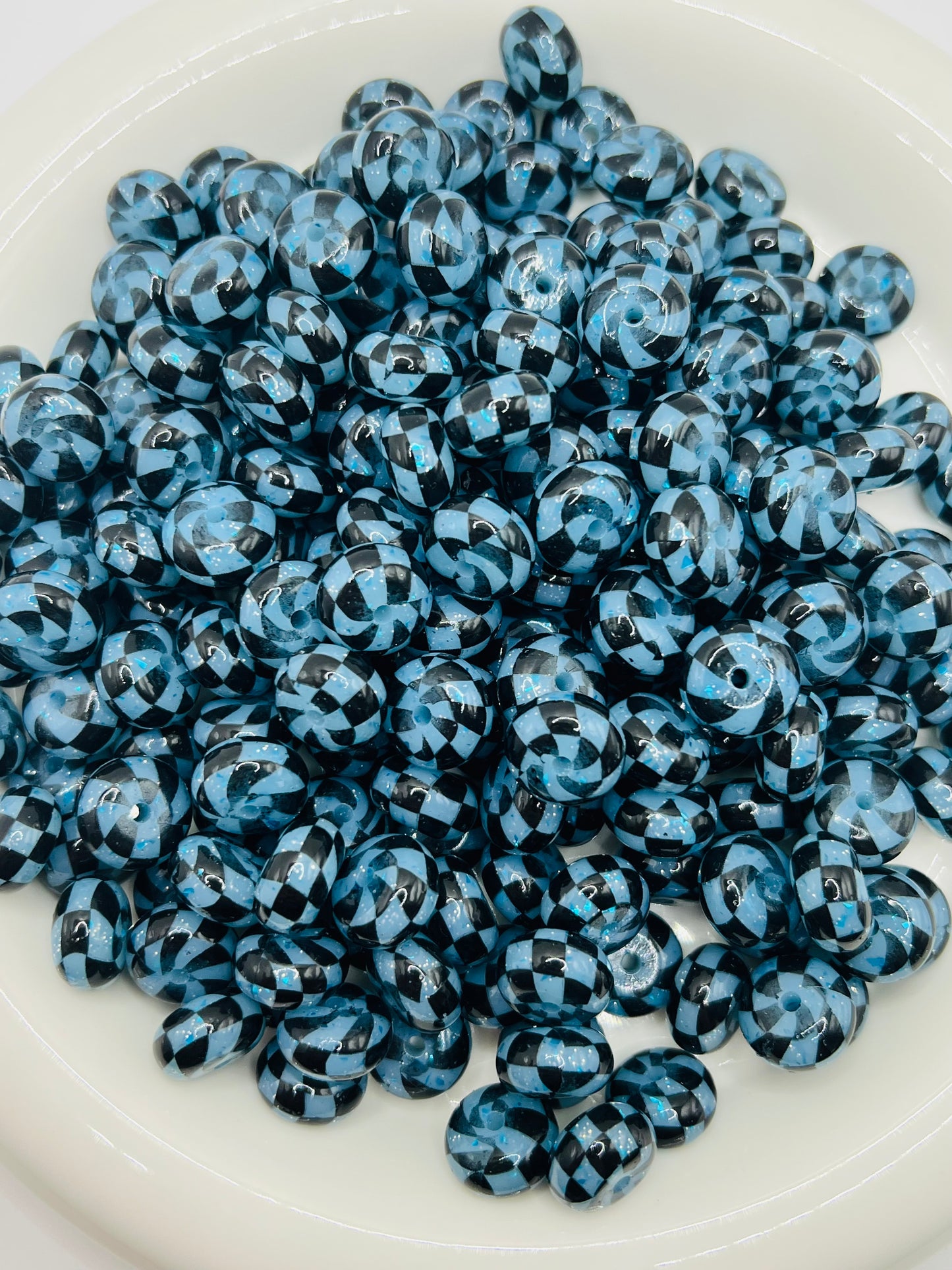 Baby blue glitter liquid checkered silicone beads