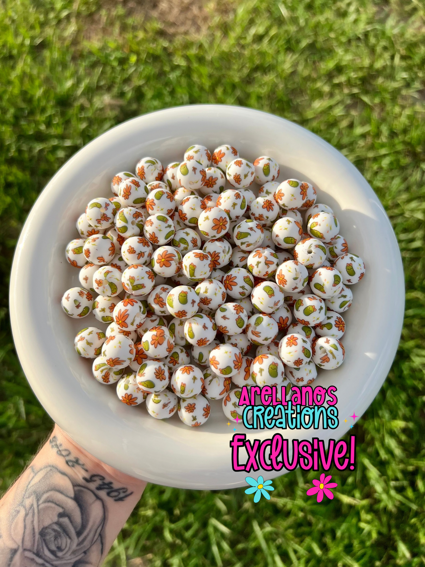 15mm burnt orange daisy & pickles printed silicone beads EXCLUSIVE