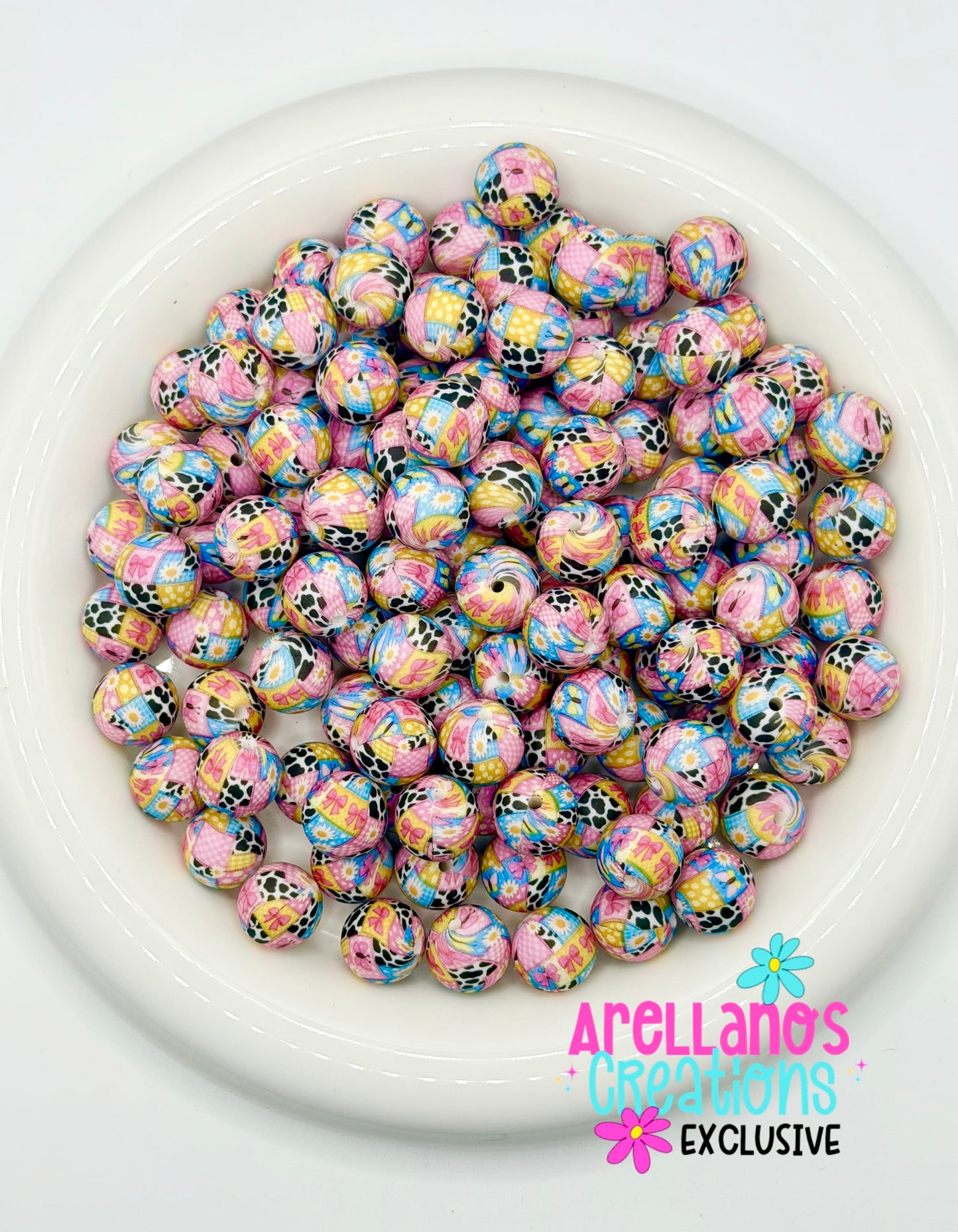 15mm Girly Cow Print Patchwork Silicone Beads (1ct) EXCLUSIVE