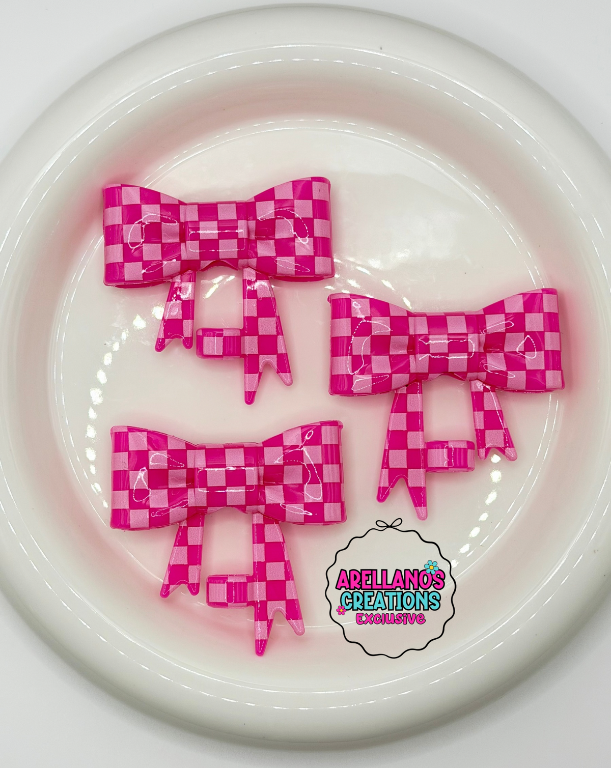 #361 Pink on Pink Checkered SHINY large bow straw topper EXCLUSIVE 1ct