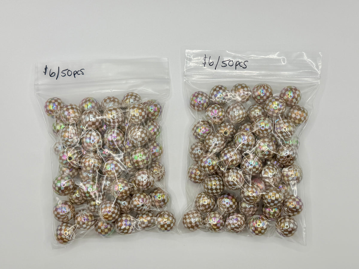 16mm beige checkered acrylic beads 50ct