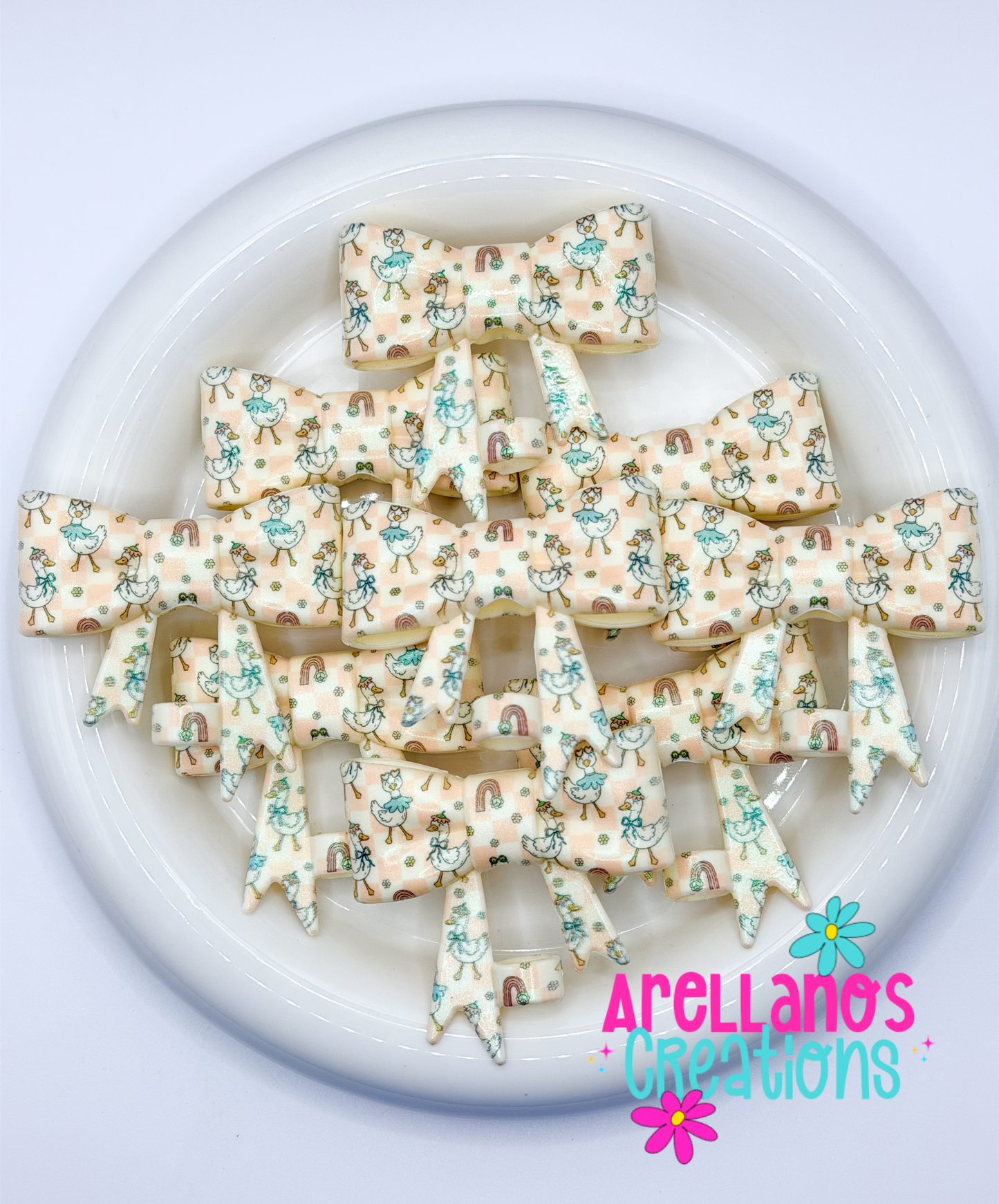 #304 Rainbow Goose Checkered Large Bow Straw Topper (OPAL)