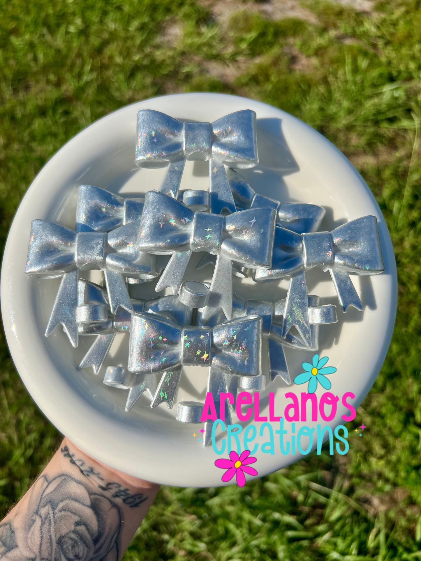 #28 holographic sparkle opal large bow straw topper