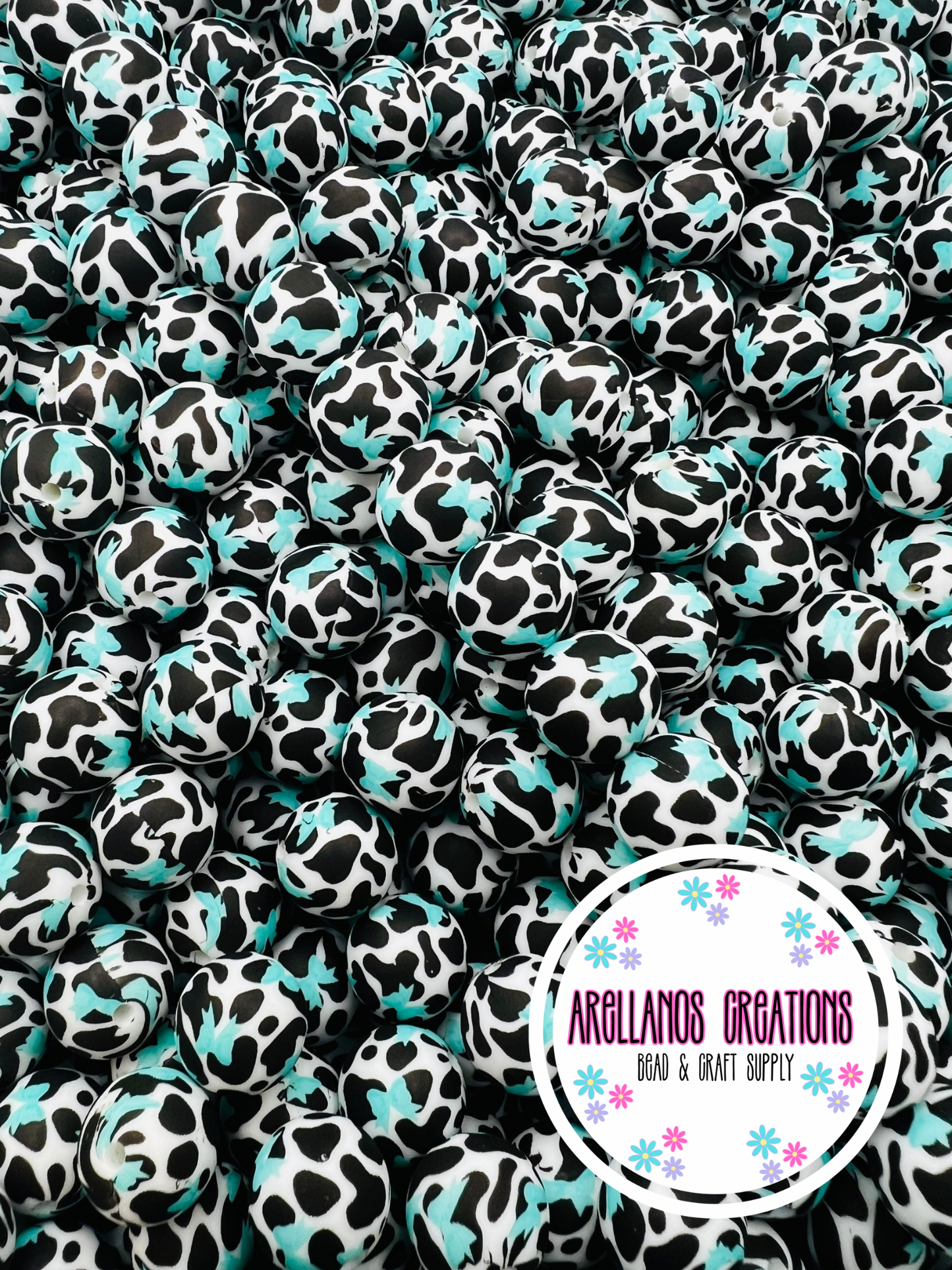 15mm turquoise bow cow print silicone beads EXCLUSIVE