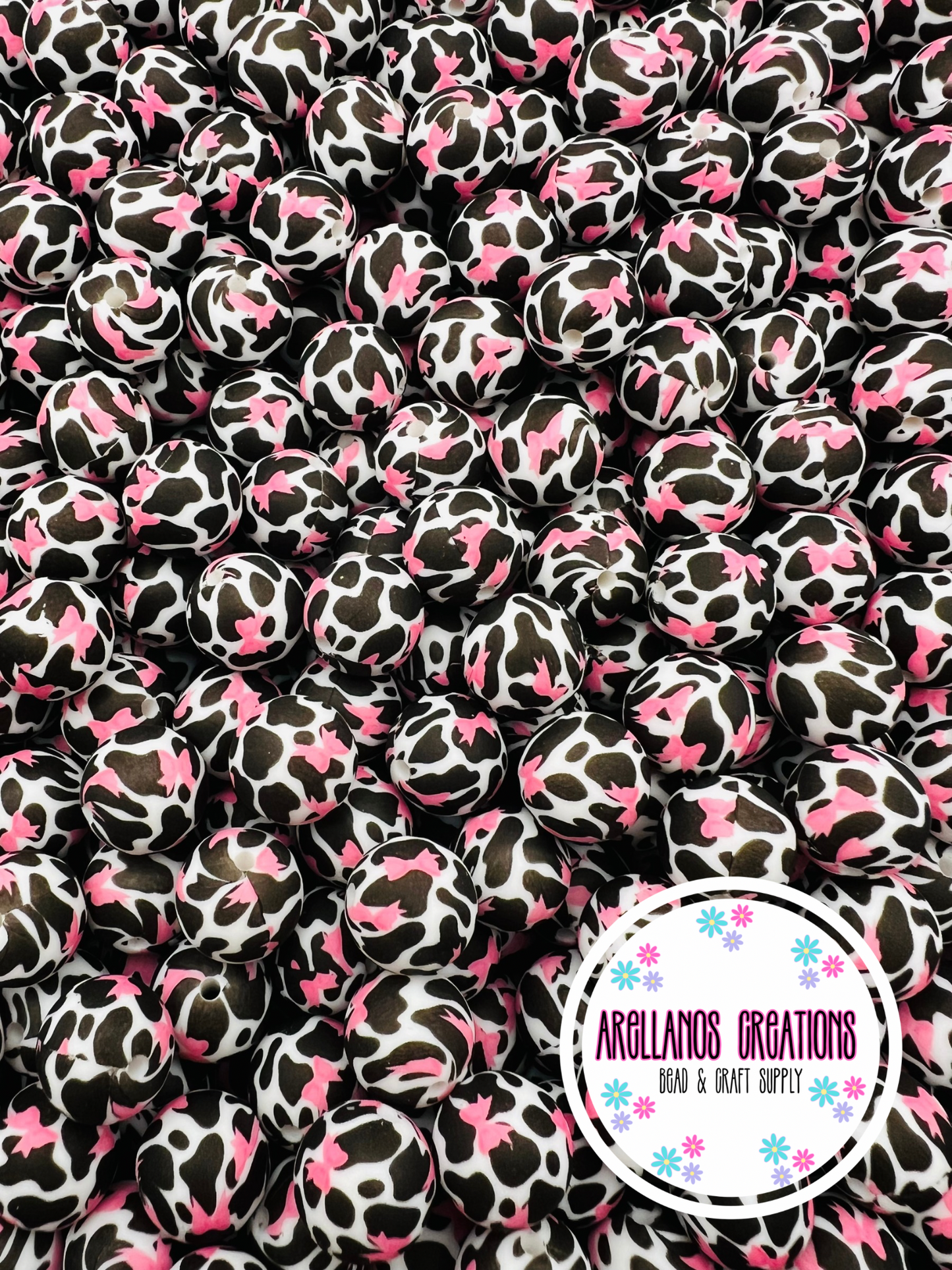 15mm pink bow cow print silicone beads EXCLUSIVE