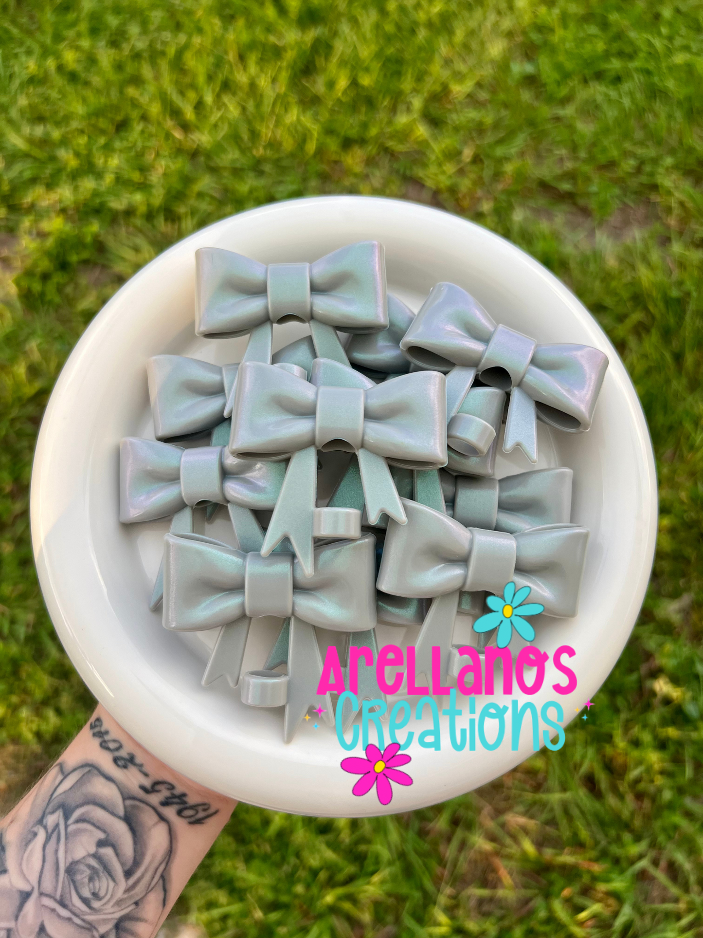 #12 grey opal large bow straw topper