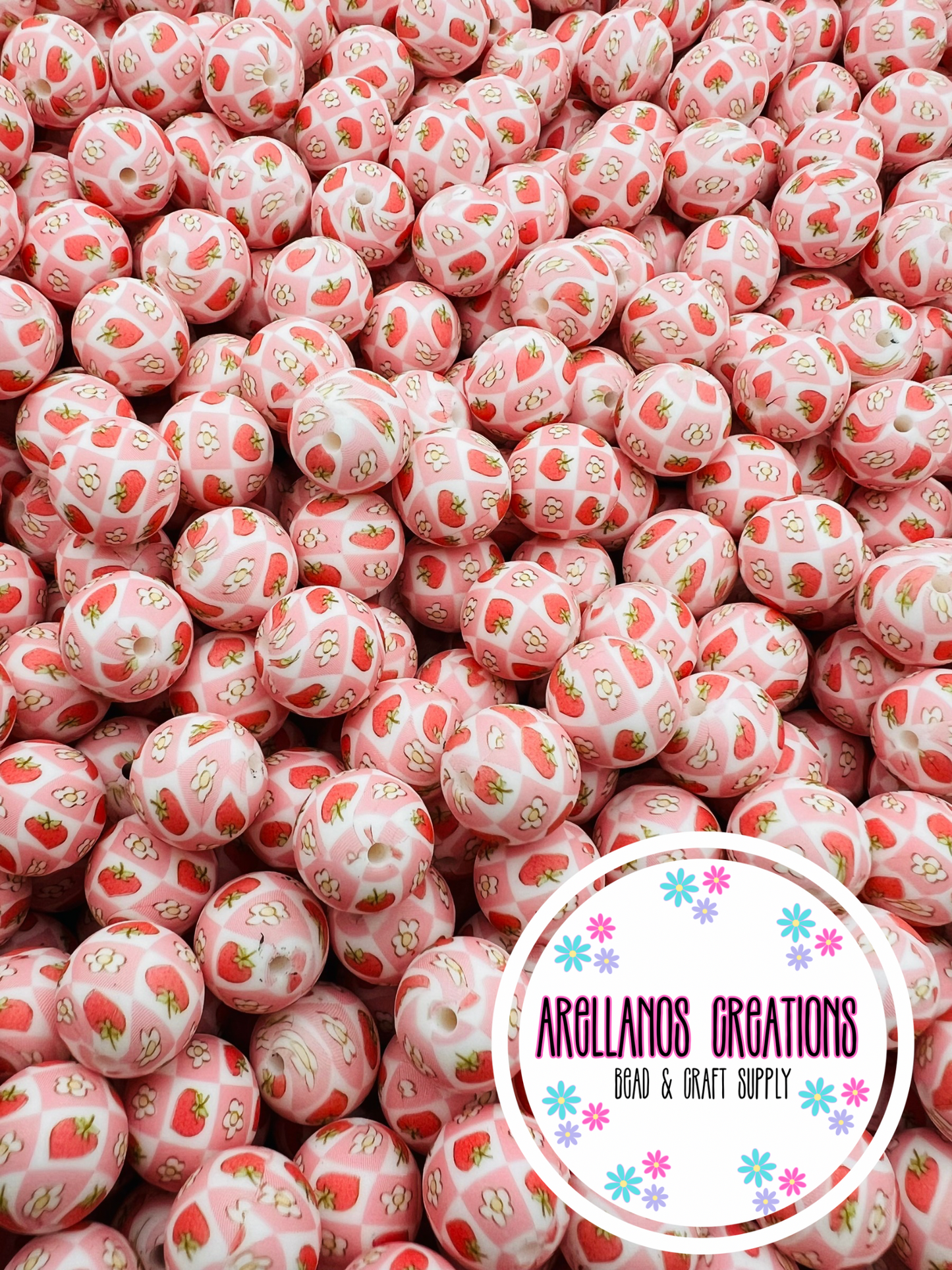 15mm strawberry daisy checkered silicone beads EXCLUSIVE