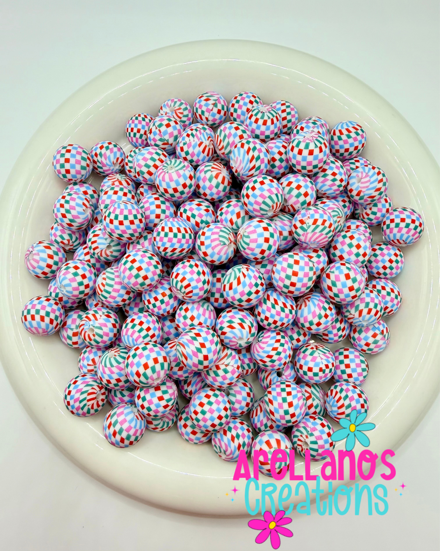 15mm holly jolly checkered printed silicone beads