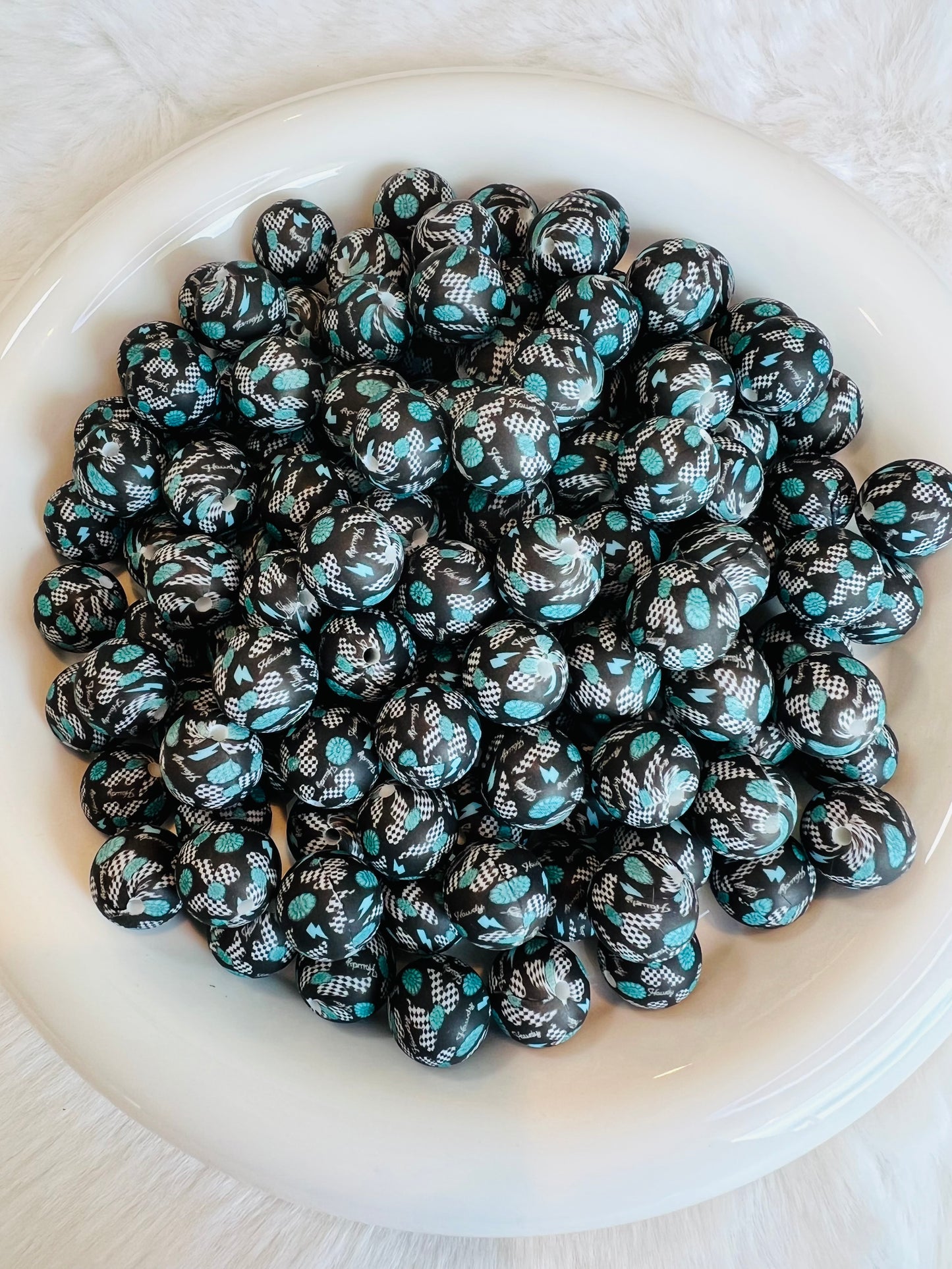 15mm howdy turquoise & bows printed silicone beads