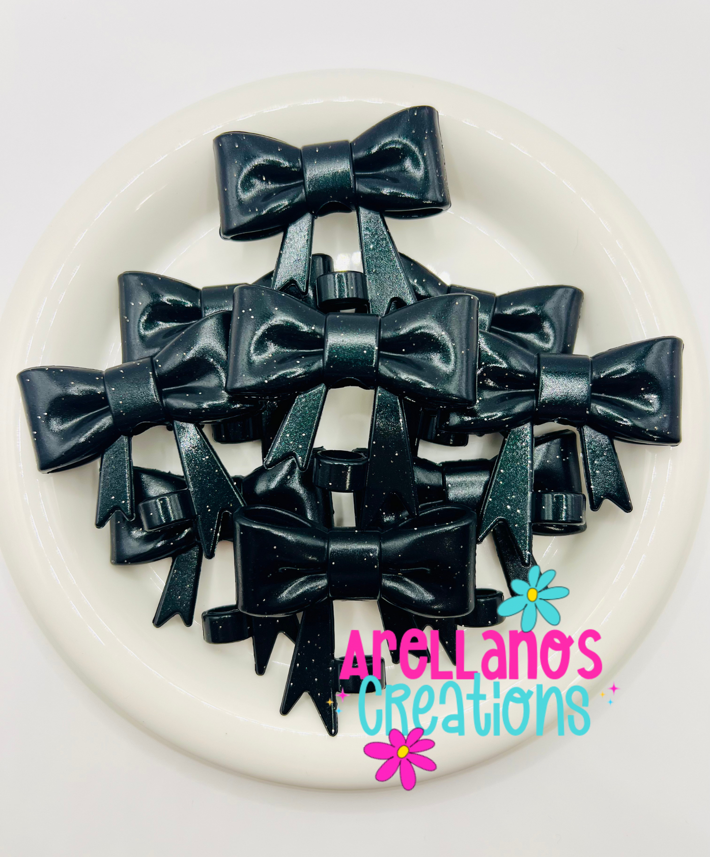 #75 black glitter shiny large bow straw topper