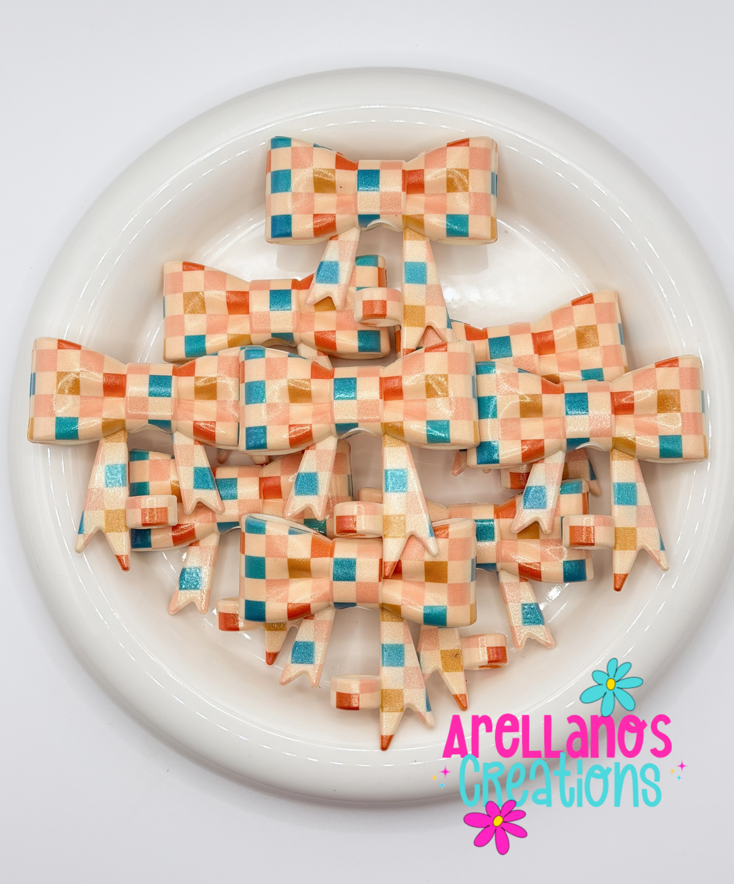 #303 Dark Retro Checkered Large Bow Straw Topper (OPAL)