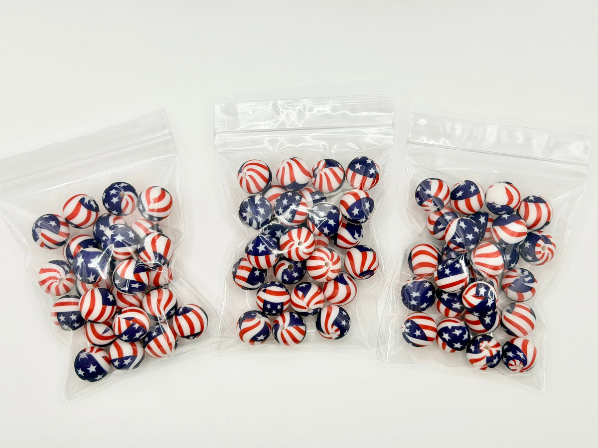 American flag 25ct 15mm silicone beads