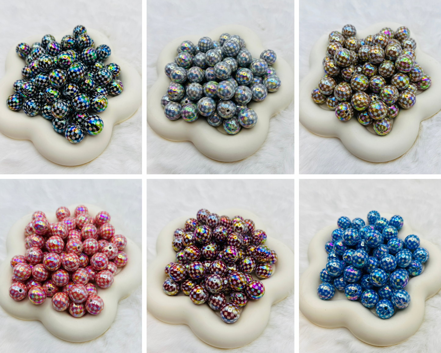 15mm acrylic AB checkered beads (6 different colors)