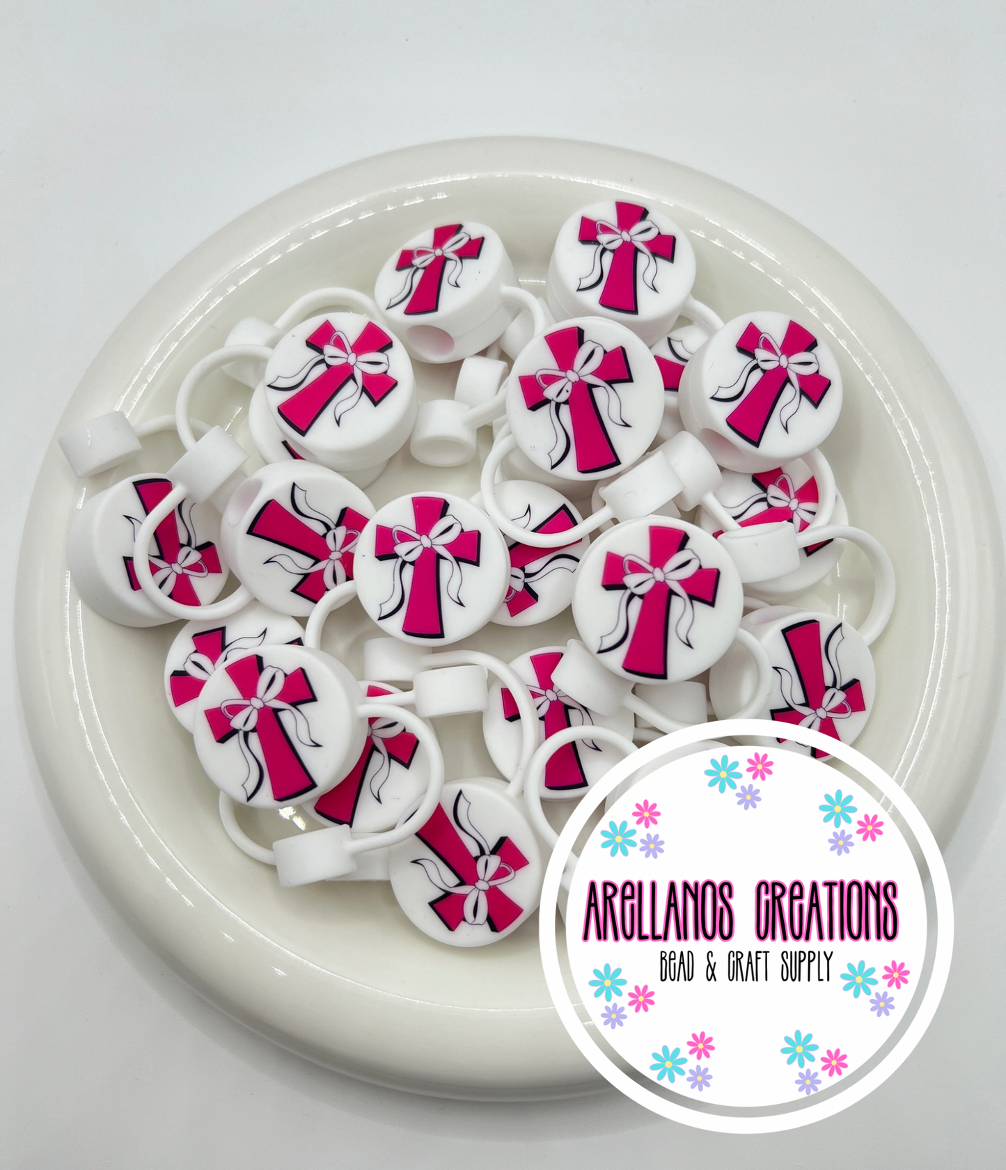 Hot pink bow cross EXCLUSIVE silicone straw topper
