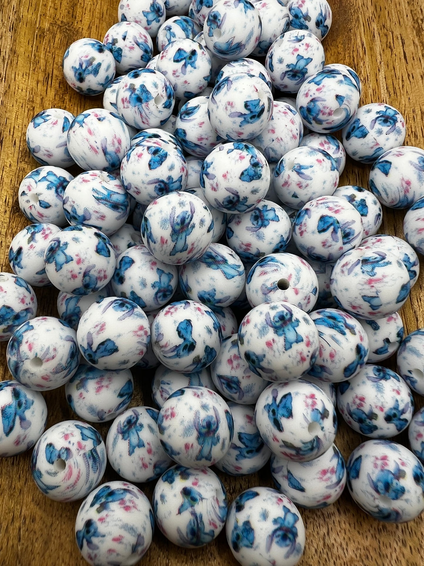 Blue alien printed silicone beads 15mm