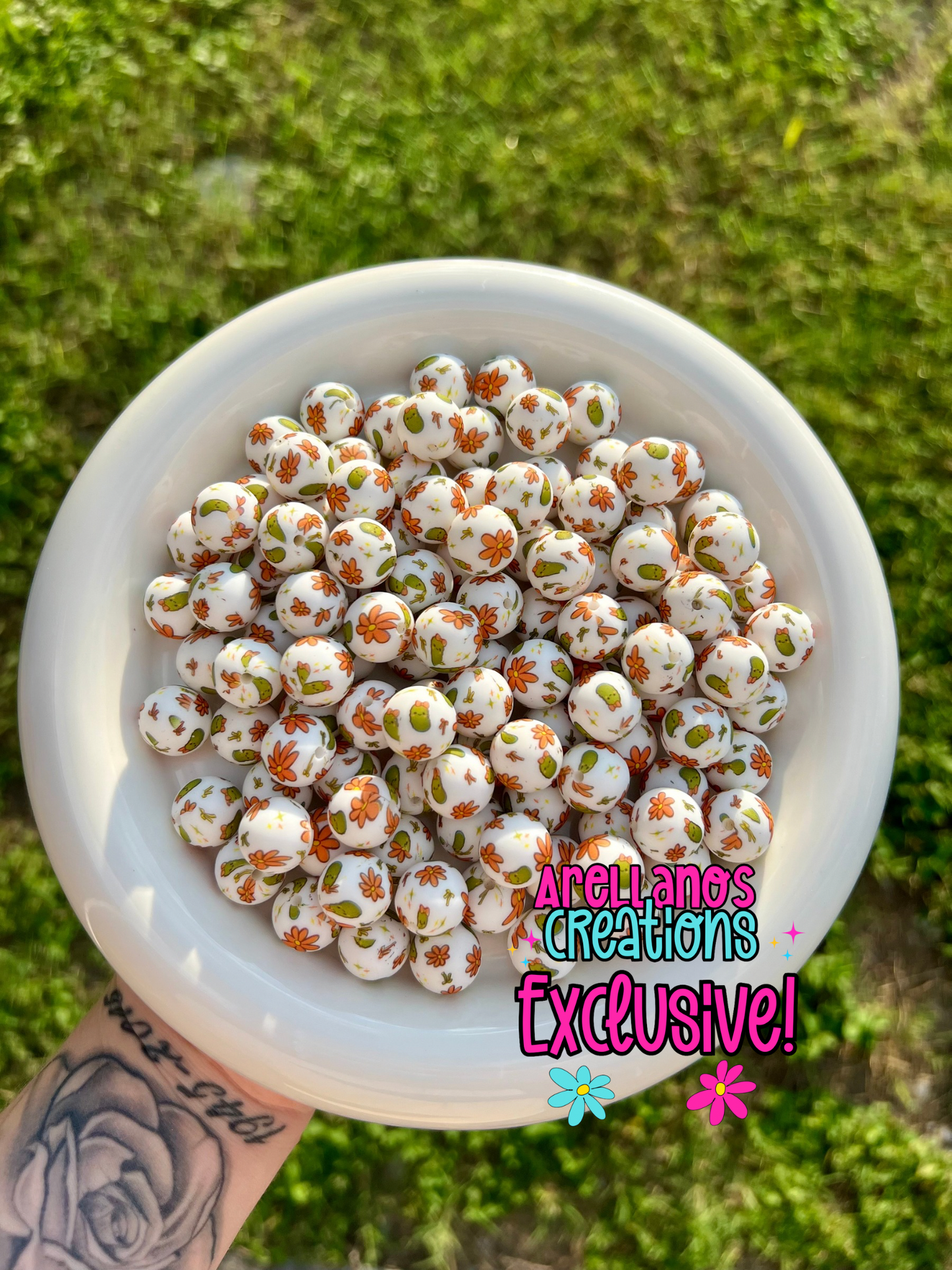 15mm burnt orange daisy & pickles printed silicone beads EXCLUSIVE