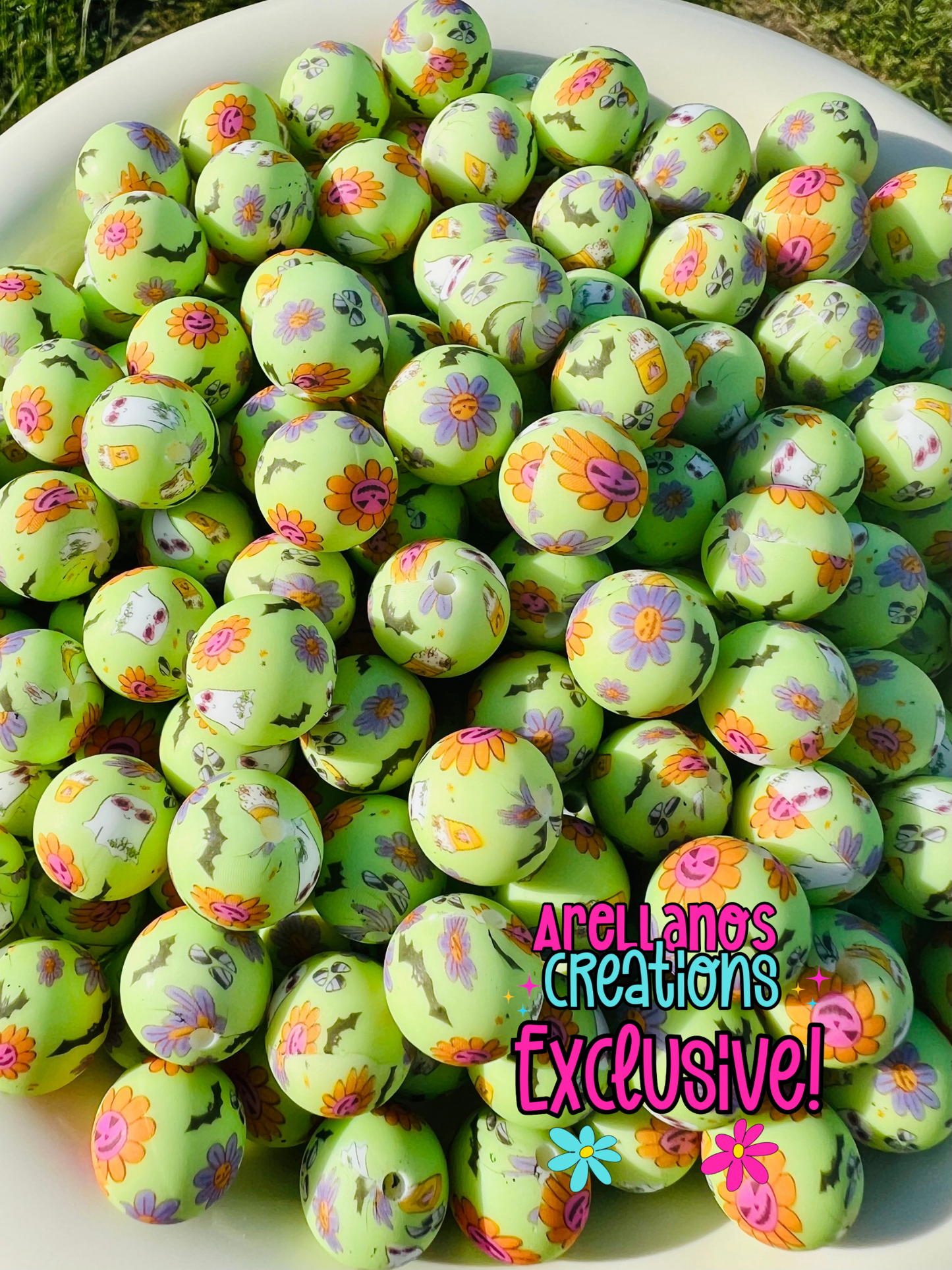 15mm creepy critter daisy printed silicone beads EXCLUSIVE