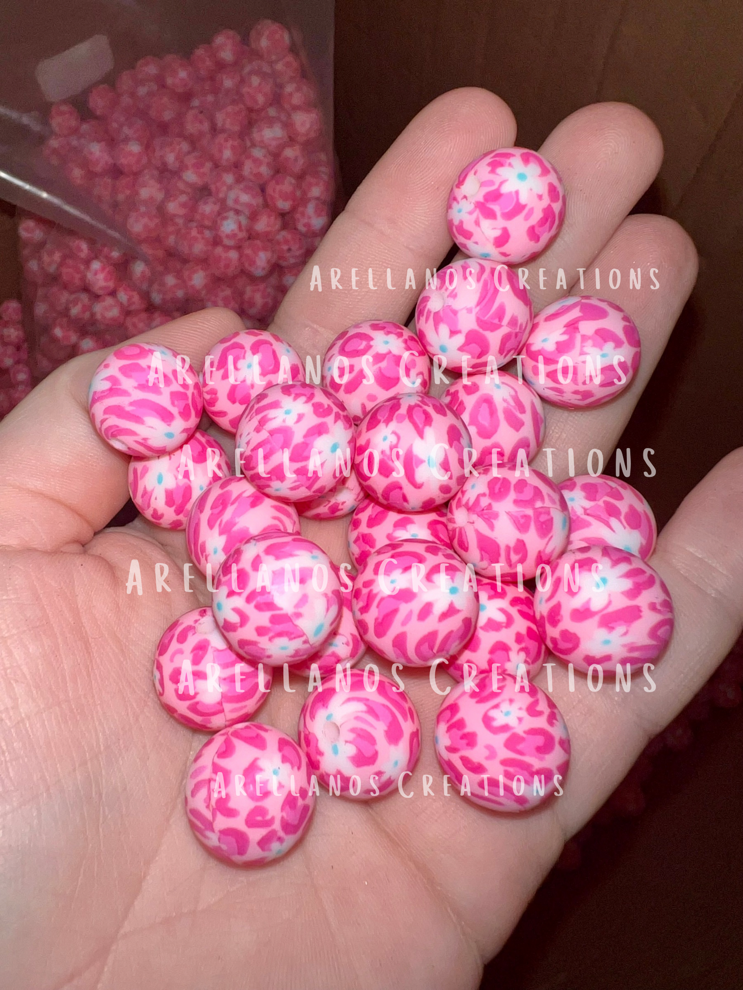 15mm pink daisy leopard print silicone bead EXCLUSIVE