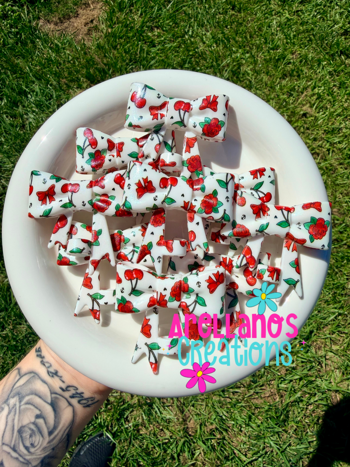 #116 thorns, bows & cherries - shiny large straw topper bow