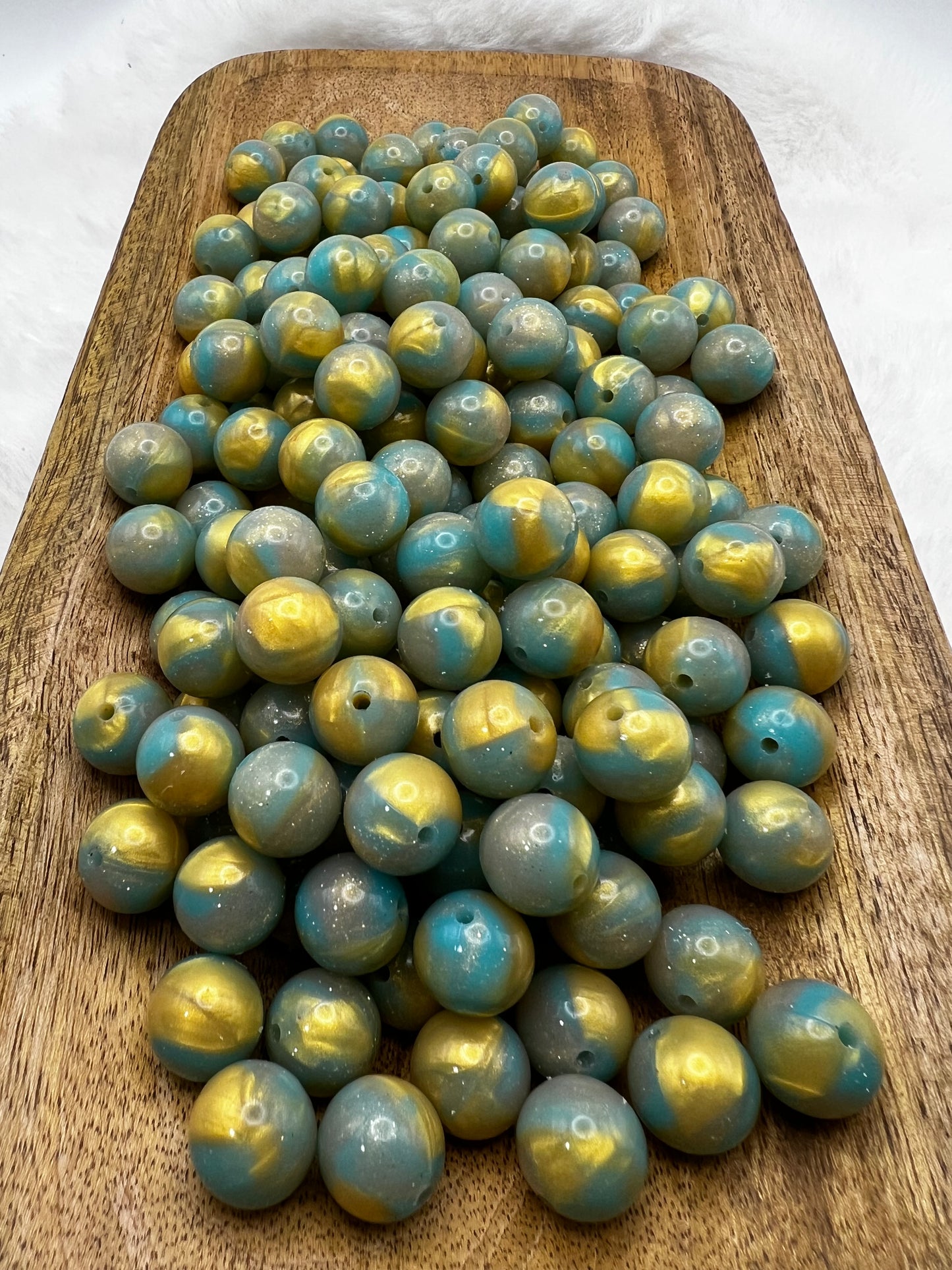 15mm golden blues shiny glitter swirl silicone beads