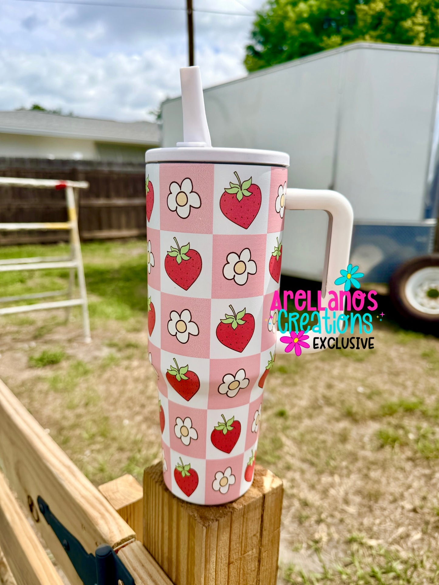 Strawberry Daisy Checkered 40oz Tumbler EXCLUSIVE