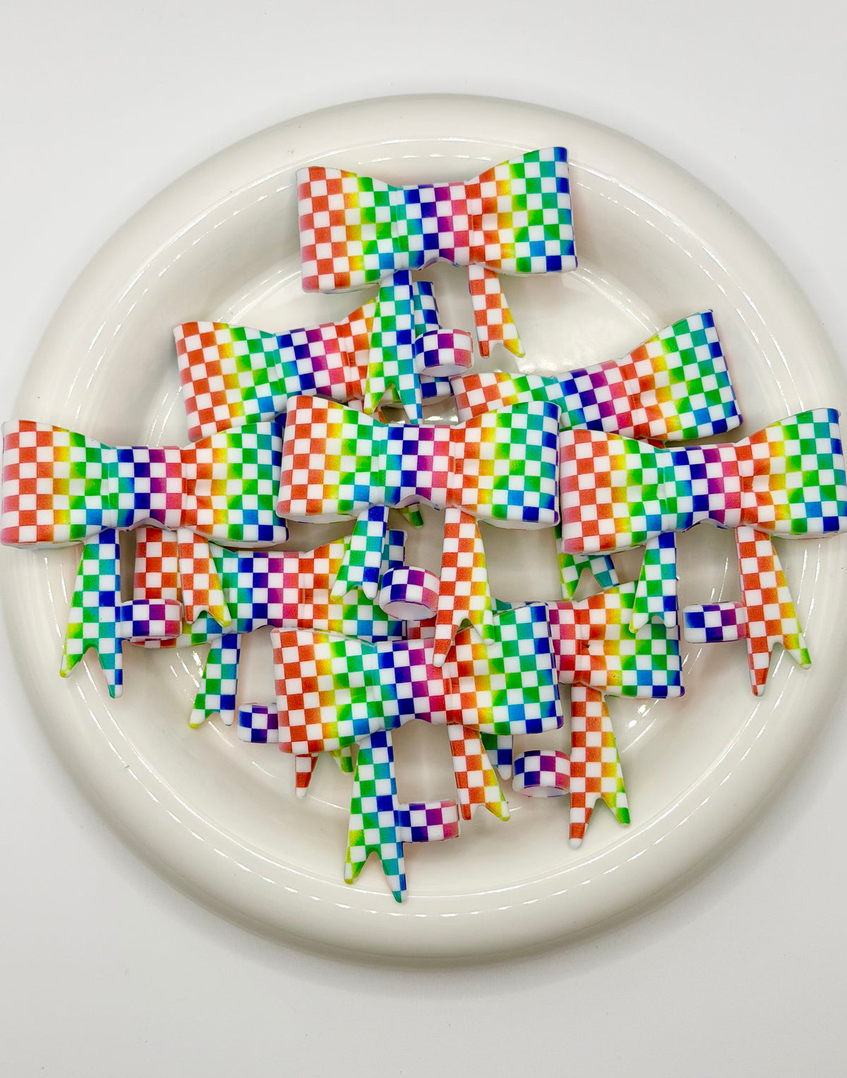 #387 Light Rainbow Checkered large bow straw topper (1ct)