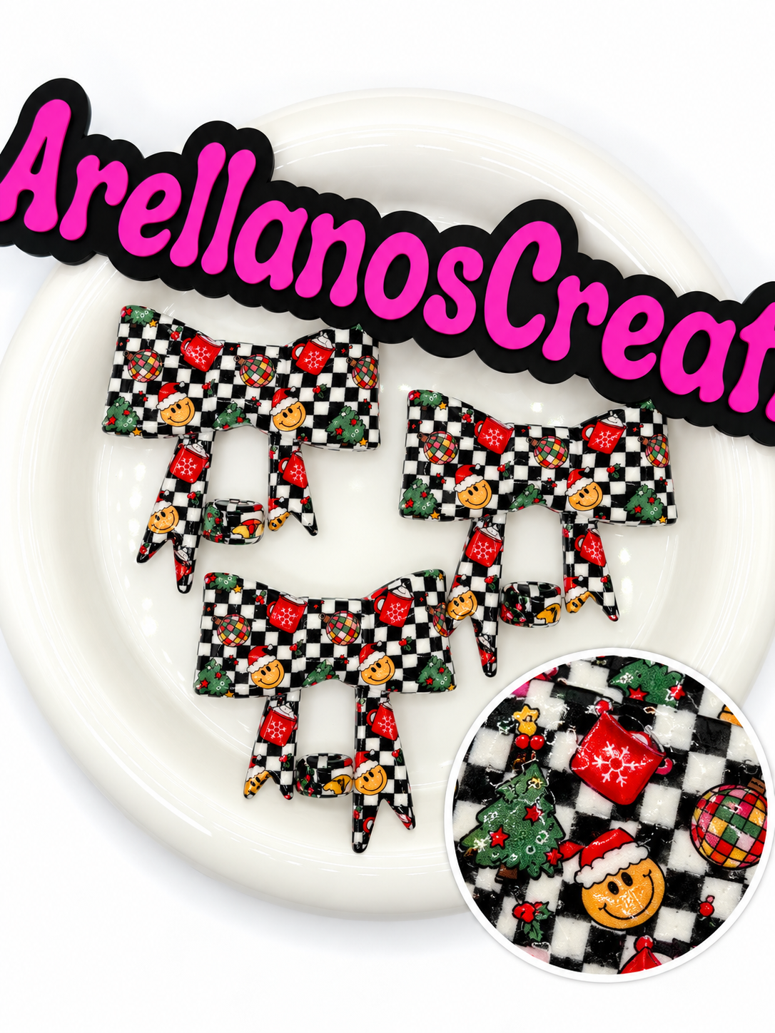 #339 Checkered Christmas Cheer large shiny bow straw topper (1ct)