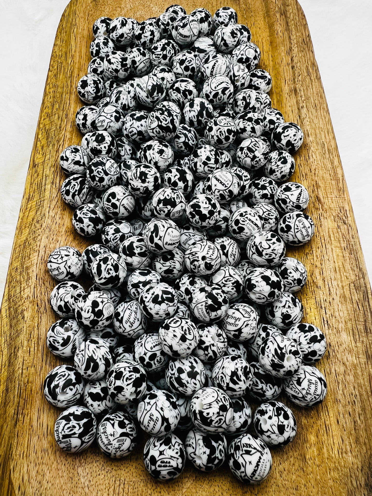 B&W boy mouse printed silicone beads 15mm