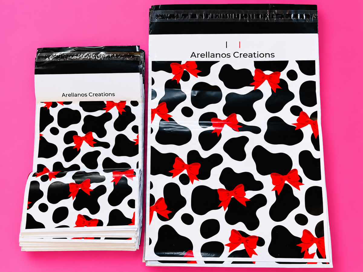 Red bow cow print mailers EXCLUSIVE (pack of 100)