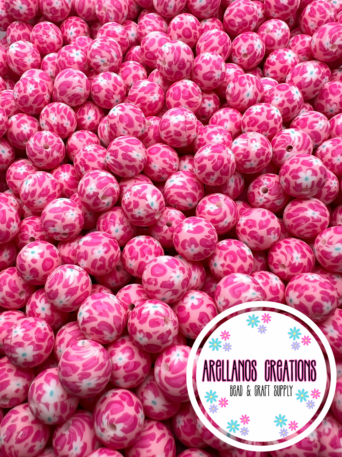 15mm pink daisy leopard print silicone bead EXCLUSIVE