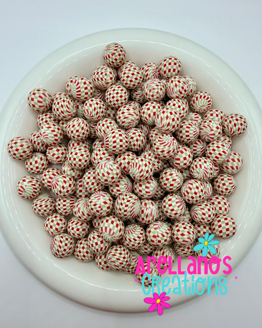 15mm tis the season checkered printed silicone beads