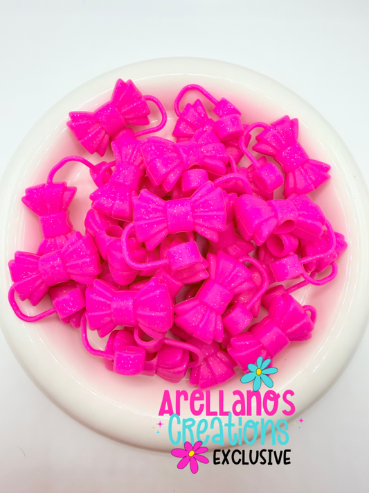 3D GLITTER dazzling pink ribbed bow STRAW TOPPER EXCLUSIVE
