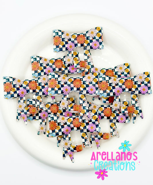 #280 Smiley Daisy Checkered Large Bow Straw Topper (1ct)