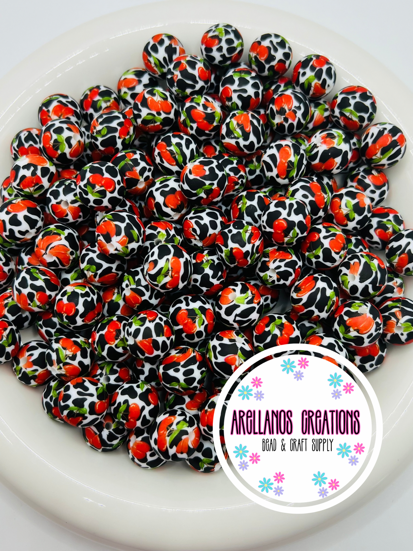 15mm cherry cow printed silicone beads EXCLUSIVE
