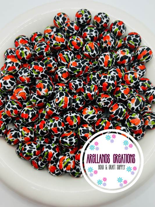 15mm cherry cow printed silicone beads EXCLUSIVE