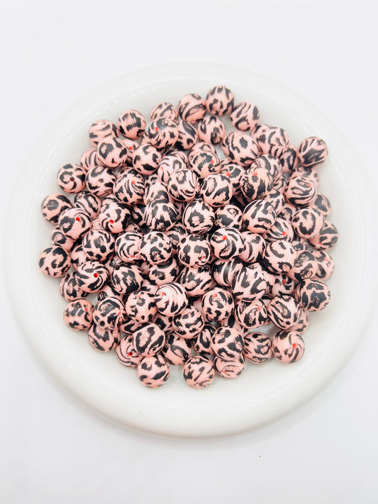 15mm pale pink leopard print silicone beads