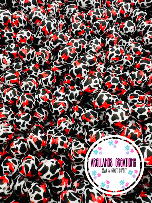 15mm red bow cow print silicone beads EXCLUSIVE