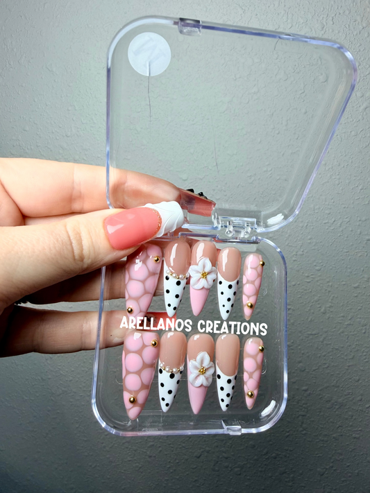 Pink floral polka dot stiletto nails - medium sized size