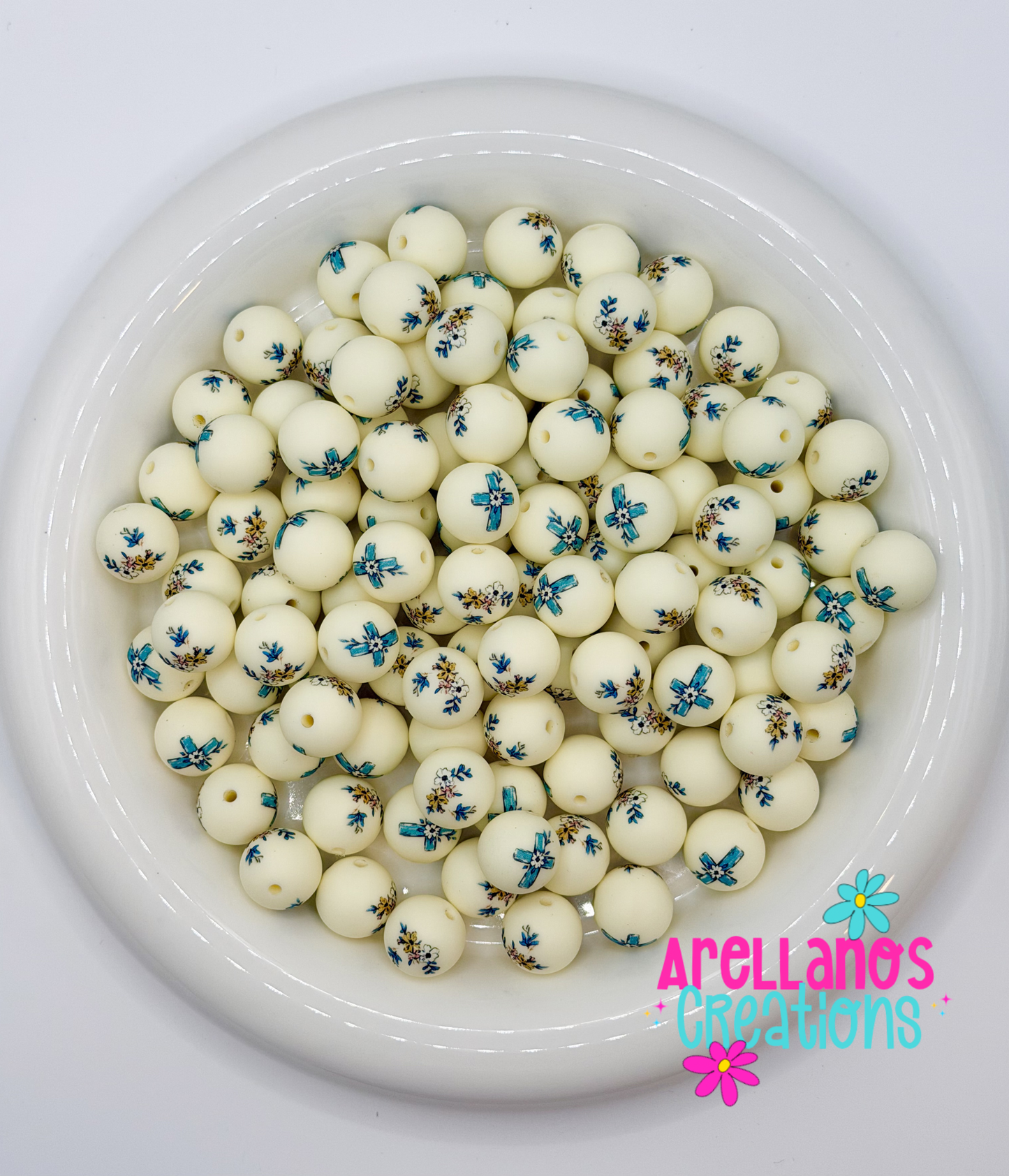 SP-224 Floral Blue Cross Double Sided Silicone Beads (1ct)