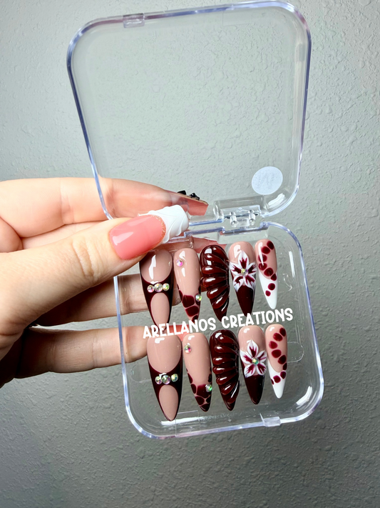 Burgundy floral French stiletto nails - medium size