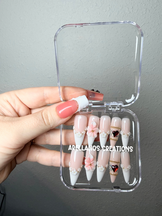 White floral French stiletto nails - medium size