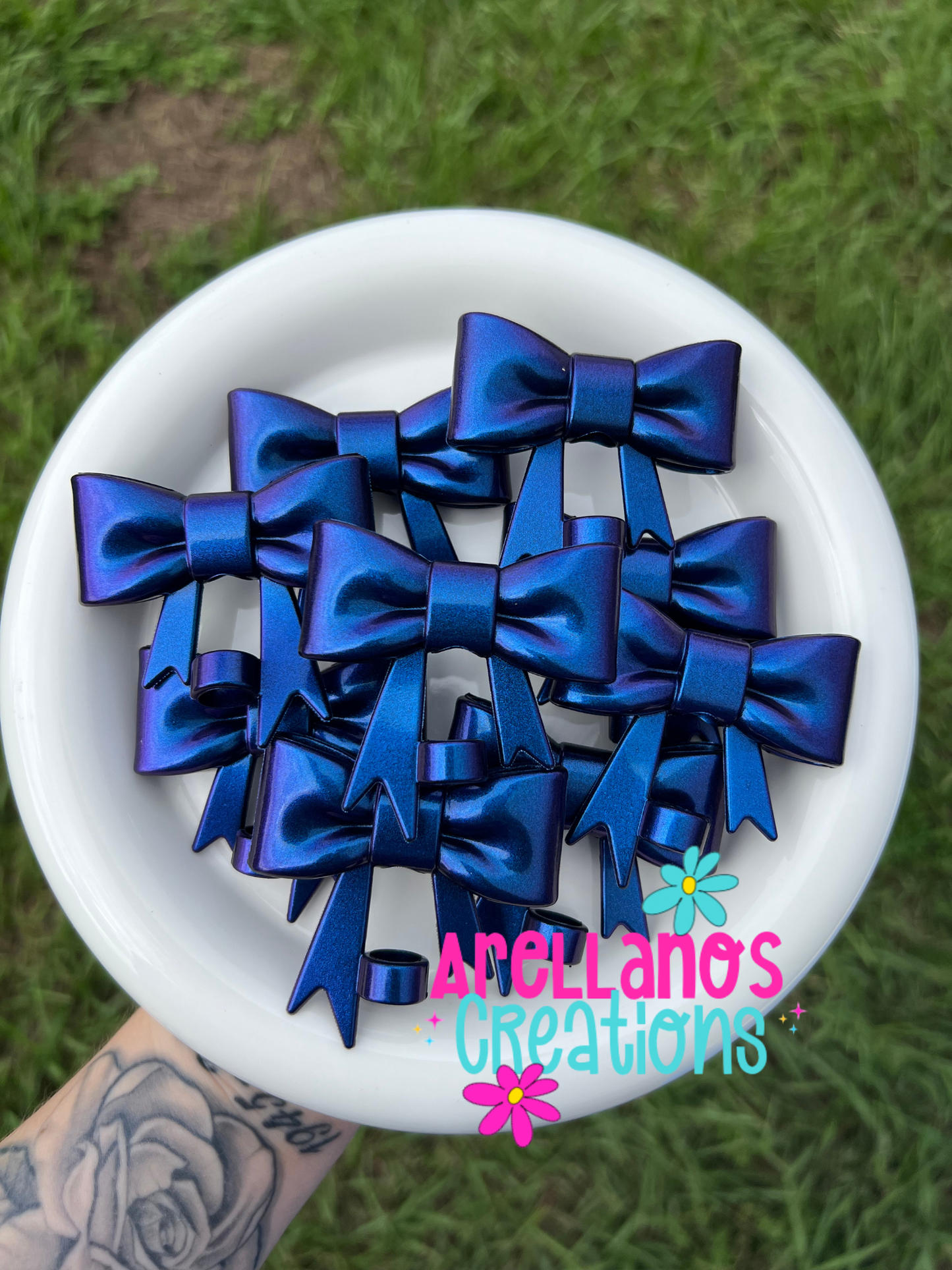 #60 blue galaxy metallic large bow straw topper