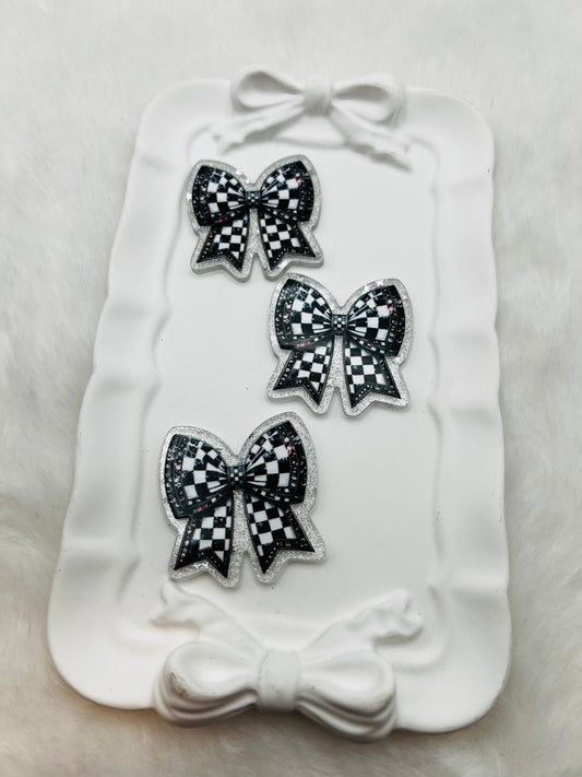 Black checkered bow glitter flatback acrylic